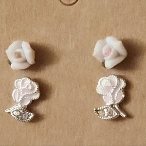 Elegant Silver Outlined and Pink Rose Earrings Sets BRAND NEW
